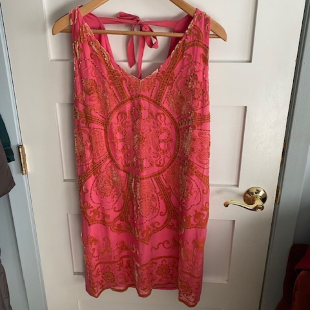 Hale Bob Coral & Gold Boho Chic Dress – Size Small | Sleeveless Tie-Back Resort